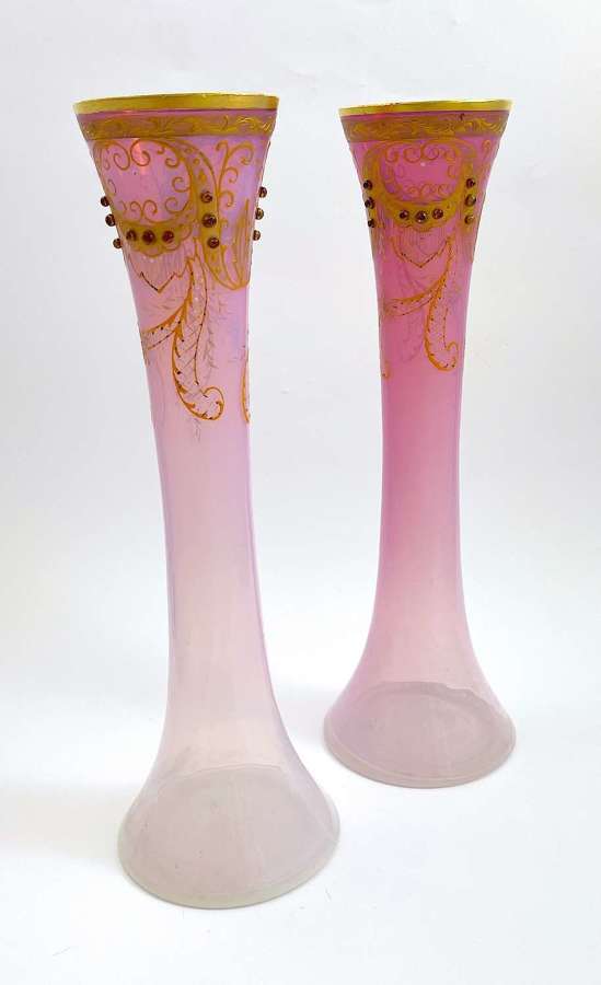 Pair of Antique MOSER Pink Opaline Glass Vases