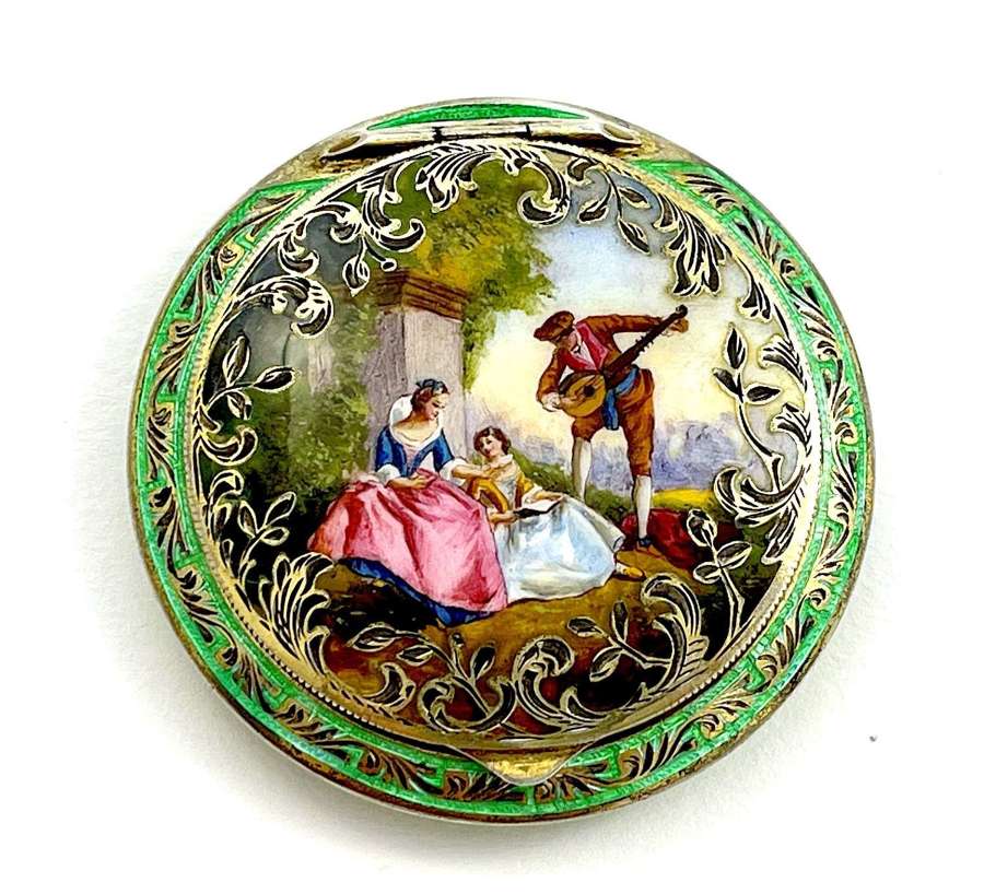 High Quality Antique Sterling Silver and Guilloche Enamel Compact Case