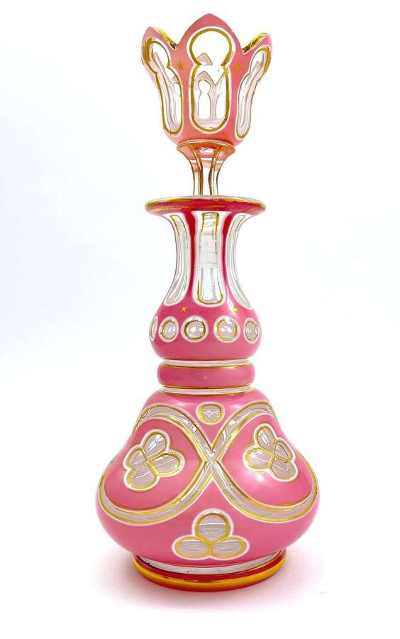 Very Large Antique Bohemian Pink Overlay Glass Perfume Bottle