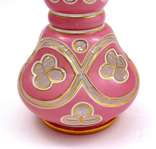 Very Large Antique Bohemian Pink Overlay Glass Perfume Bottle
