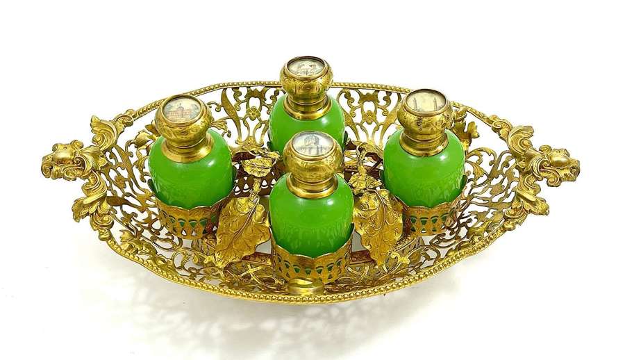 Antique Palais Royal Green Opaline Glass Perfume Set