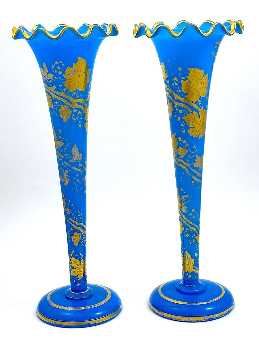 A Pair of High Quality Tall Baccarat Opaline Glass Trumpet-Shaped Vase