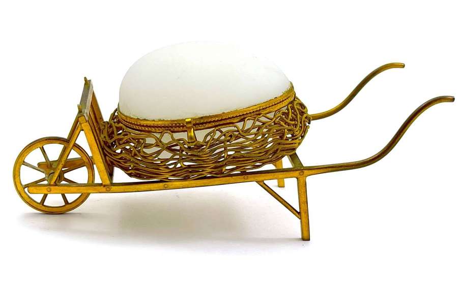 Antique French Palais Royal White Opaline Egg Shaped Box Carriage