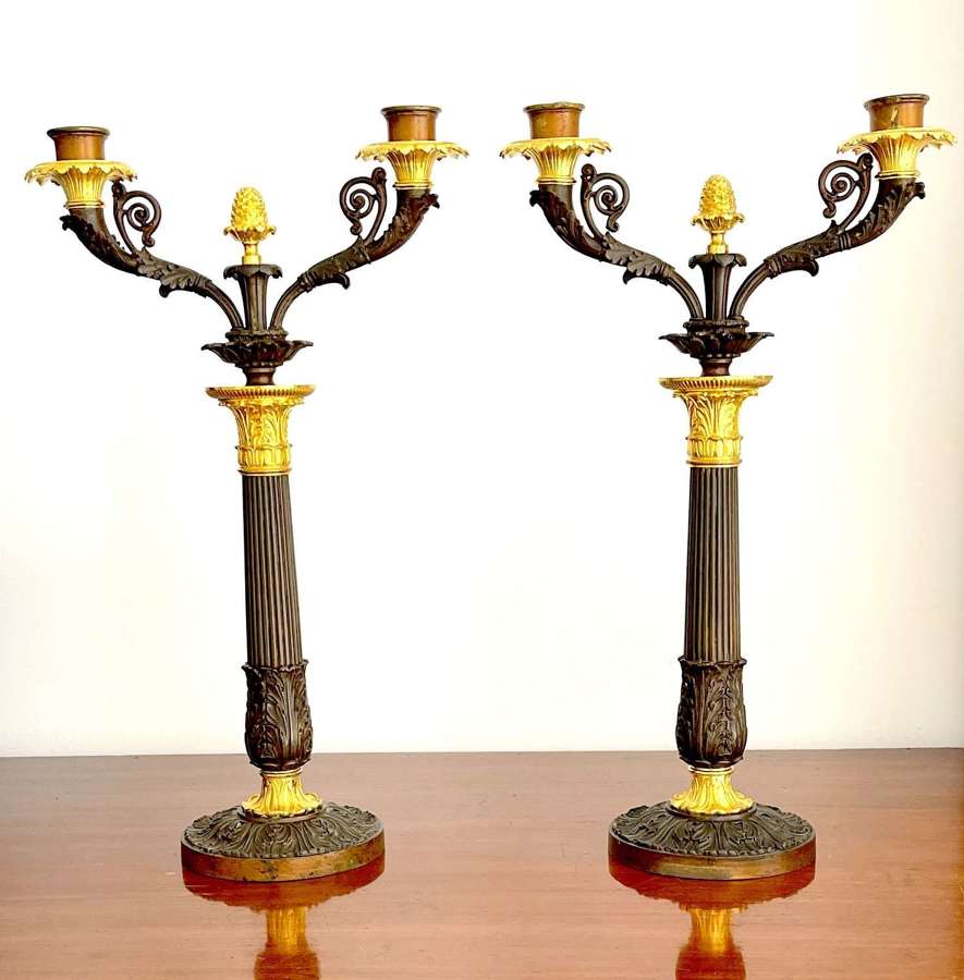A Fine Pair of French Empire Parcel Gilt & Patinated Bronze Candelabra
