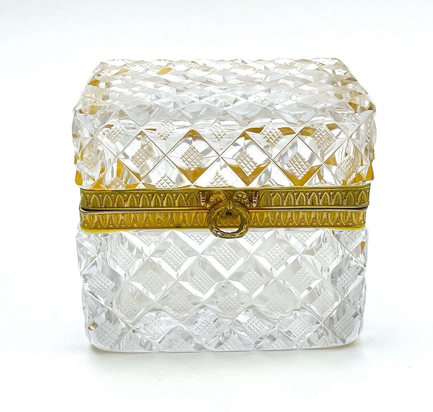 Antique Baccarat Cut Crystal Glass Casket Box with Bow Clasp