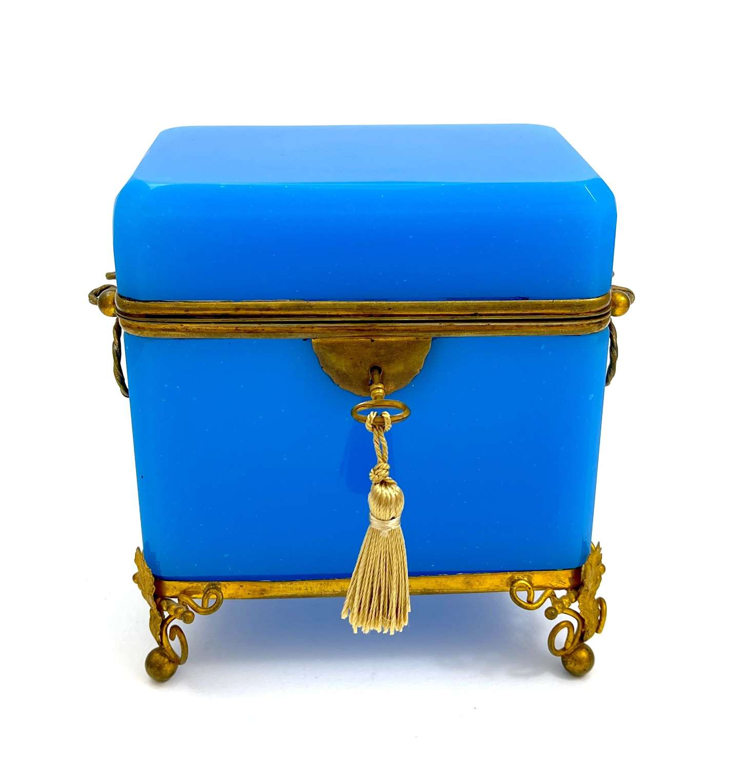 Antique French Blue Opaline Glass Casket Box and Key.