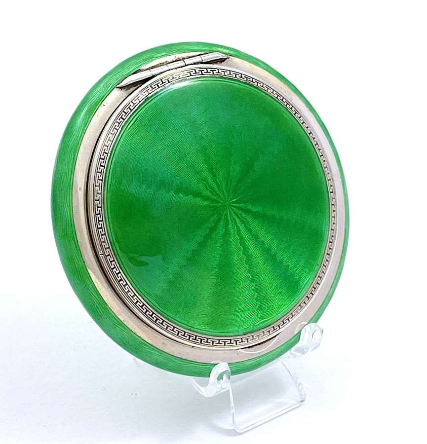 A Large Quality Antique French Silver & Green Guilloche Enamel Compact