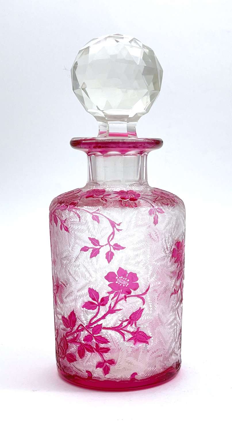 Large Antique BACCARAT Eglantier Pattern Cranberry Acid Etched Perfume