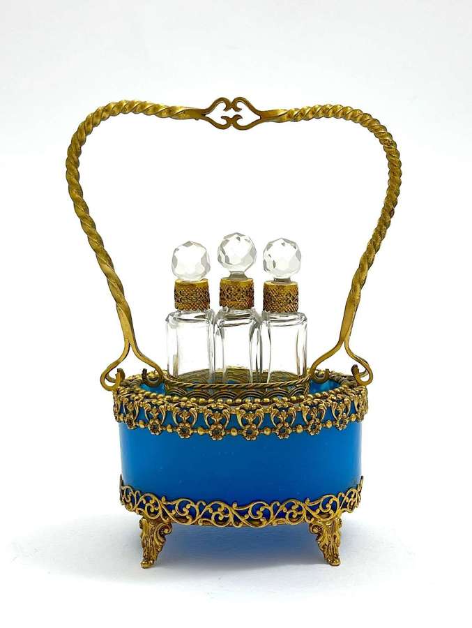 Antique Palais Royal Blue Opaline Glass and Dore Bronze Perfume Basket