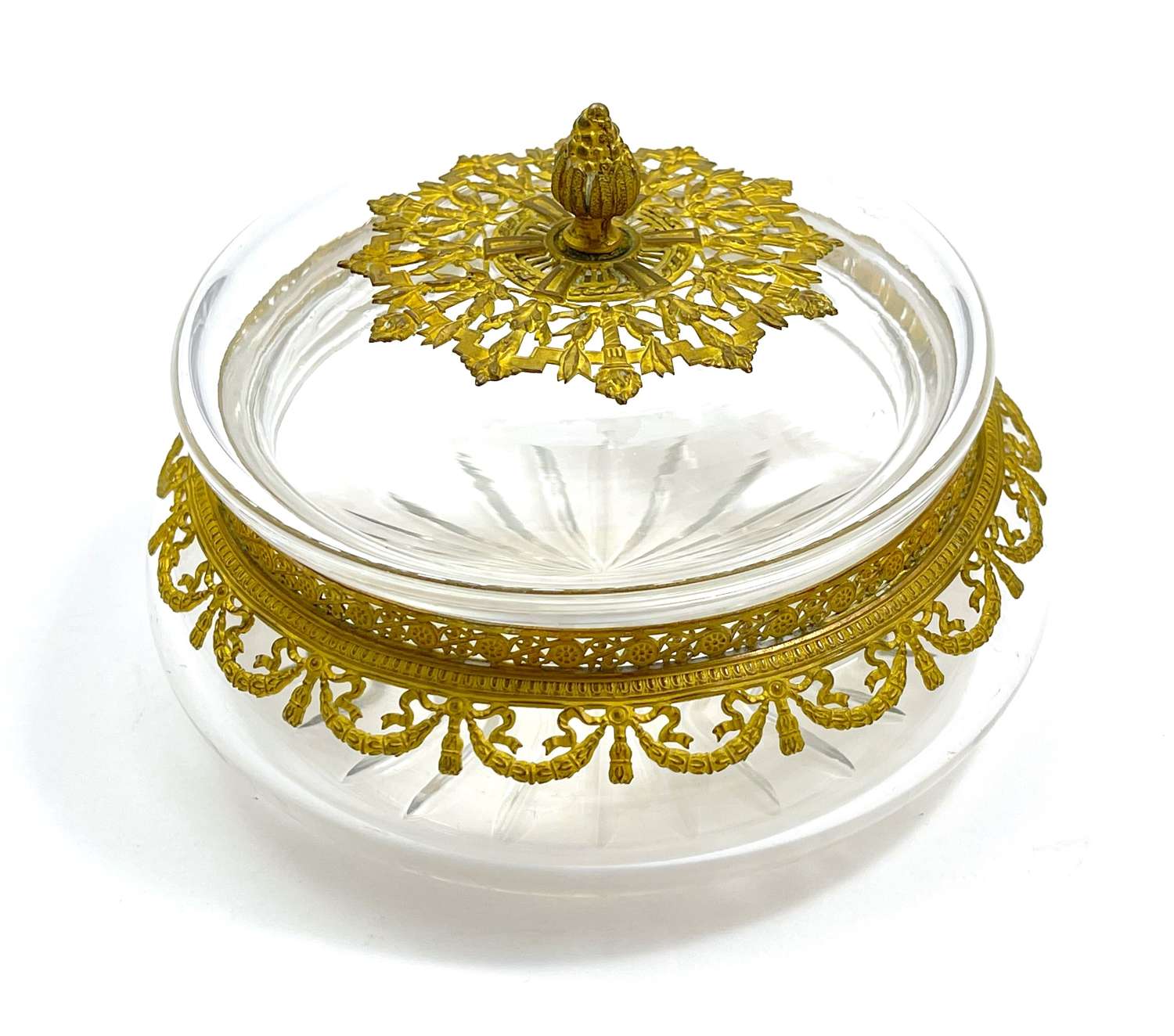 Antique French Cut Crystal and Dore Bronze Casket Box and Lid.