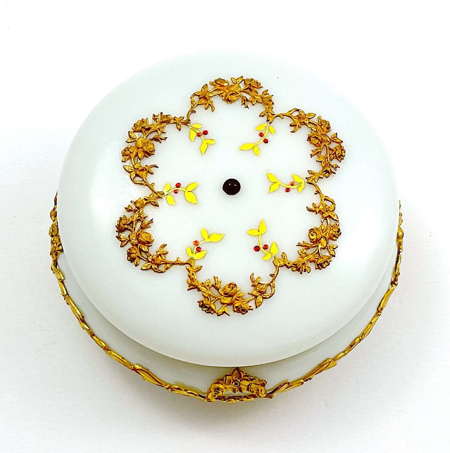 Antique French White Opaline Glass and Dore Bronze Casket Box and Lid.