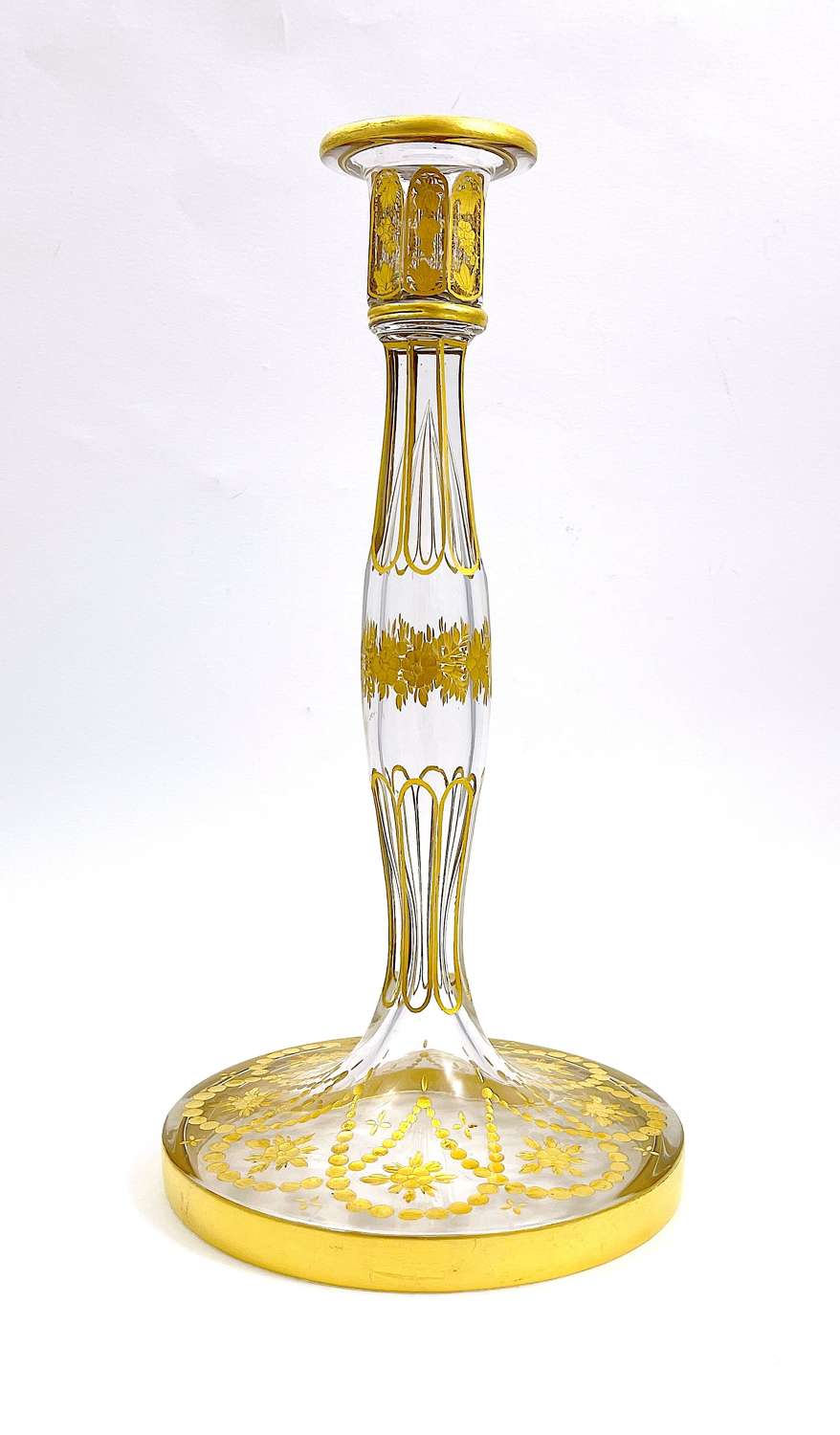 A Tall Antique French St Louis Crystal Gold Enamelled Candlestick.