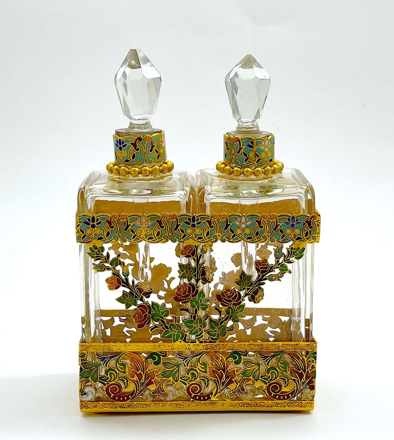 Stunning Antique French Cut Crystal and Champlevé Perfume Bottle Set