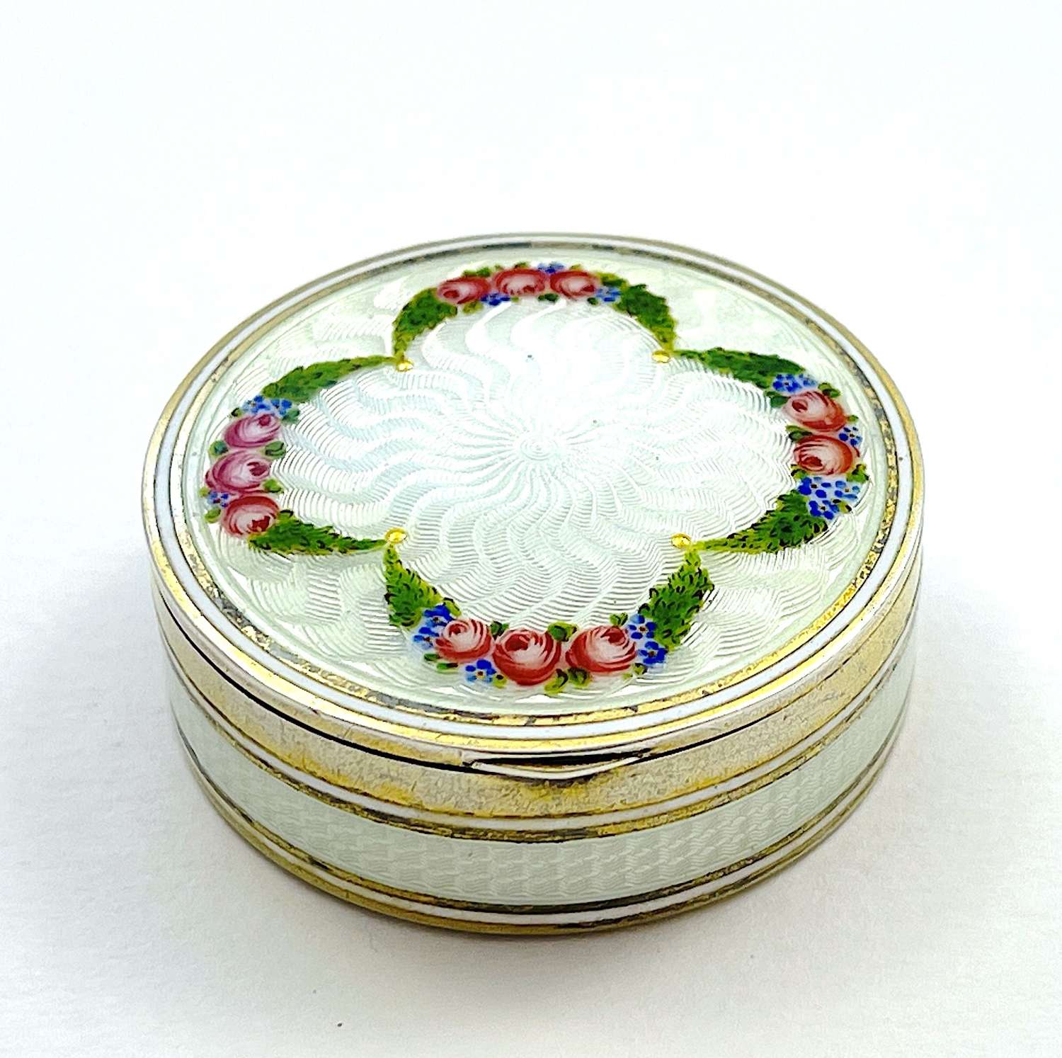 Antique Guilloche Enamel and Silver Pill Box Decorated with Roses