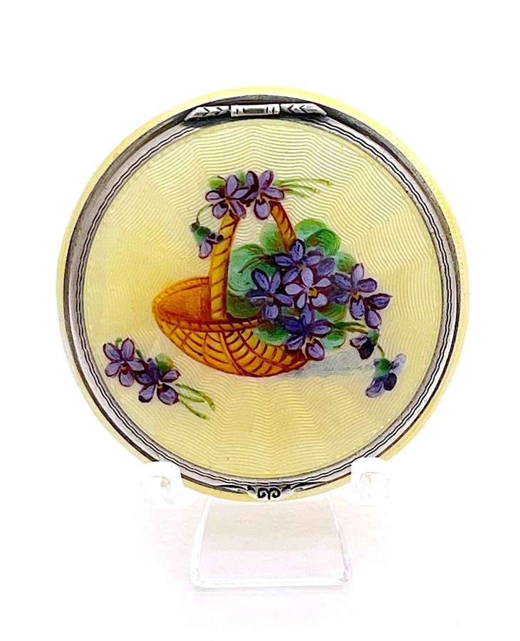 Antique Sterling Silver & Guilloche Enamel Compact Case with Flowers.