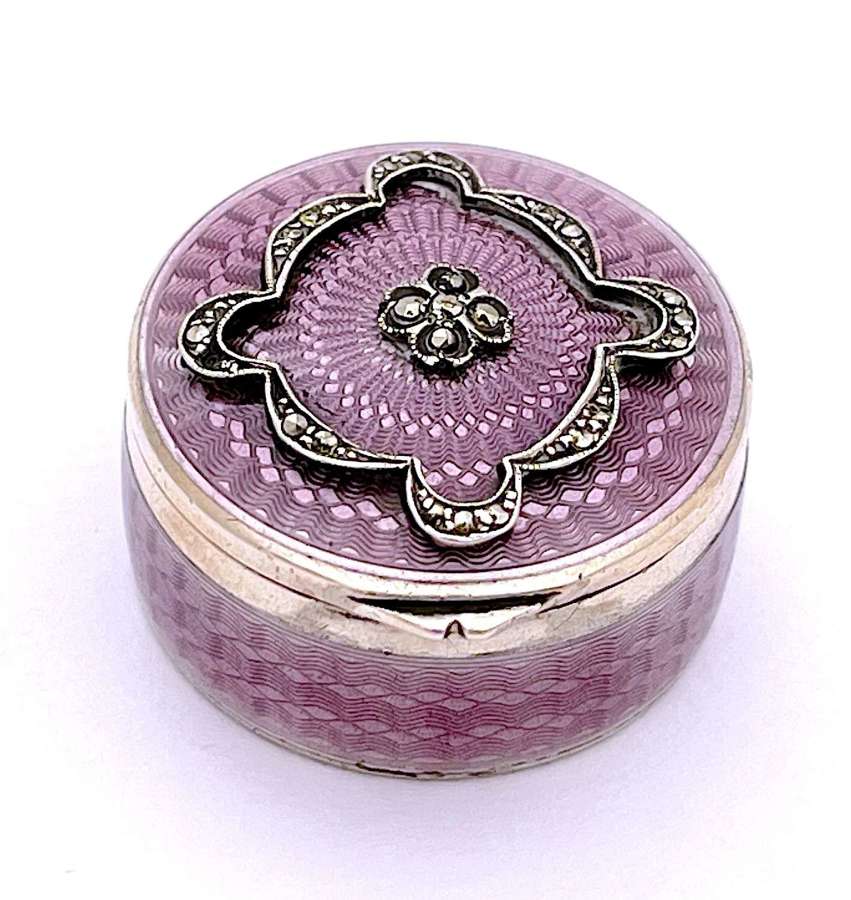 Antique Miniature Silver and Lilac Guilloche Enamel Pill Box