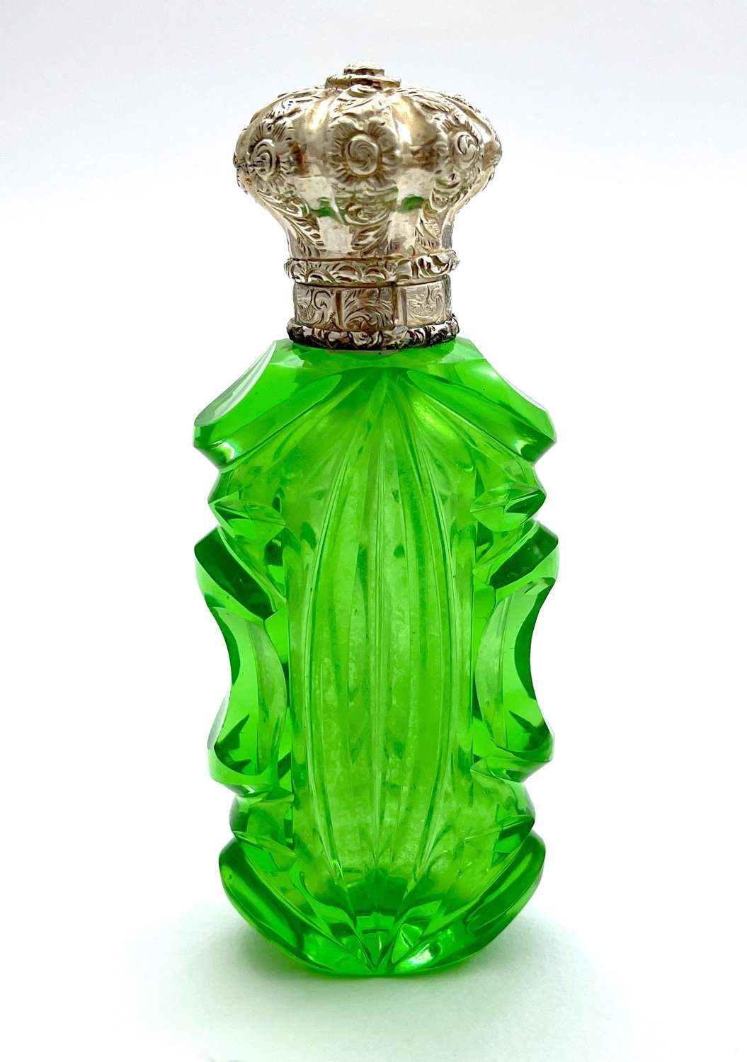 Large Antique Uranium Cut Glass Perfume Bottle with Silver Domed Lid