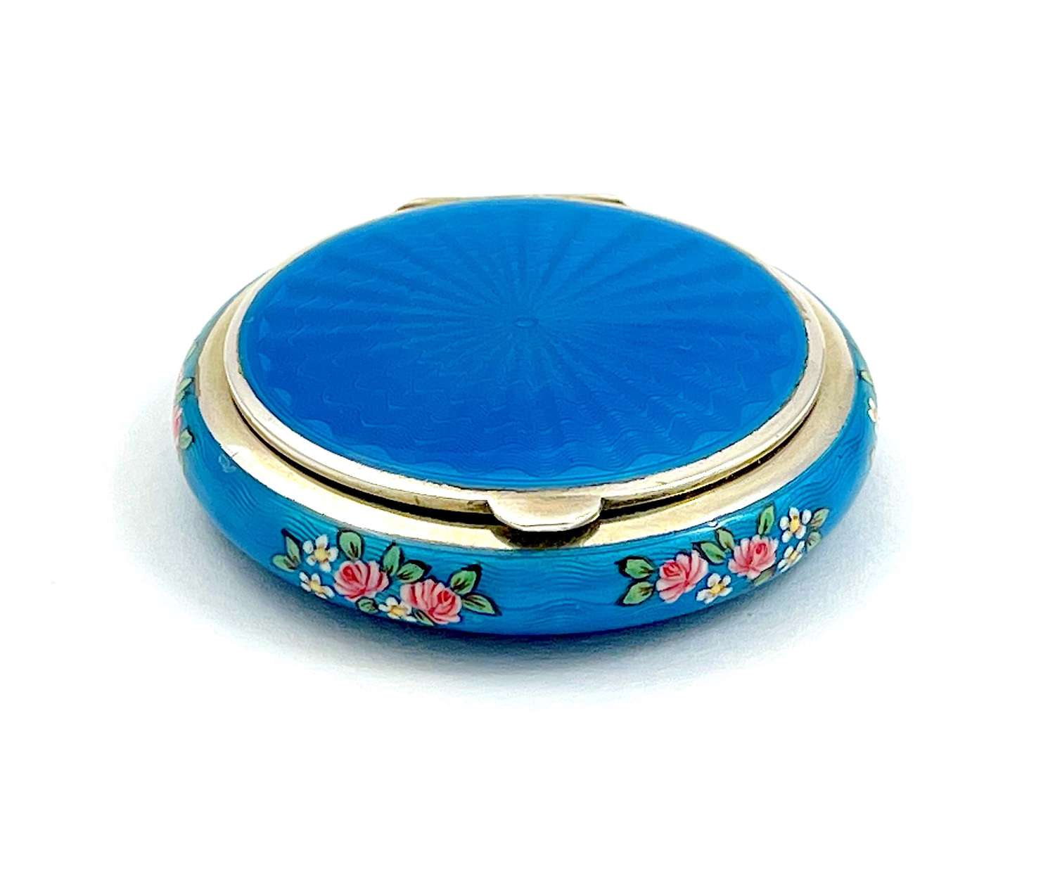 Antique Sterling Silver and Guilloche Enamel Compact Case with Roses
