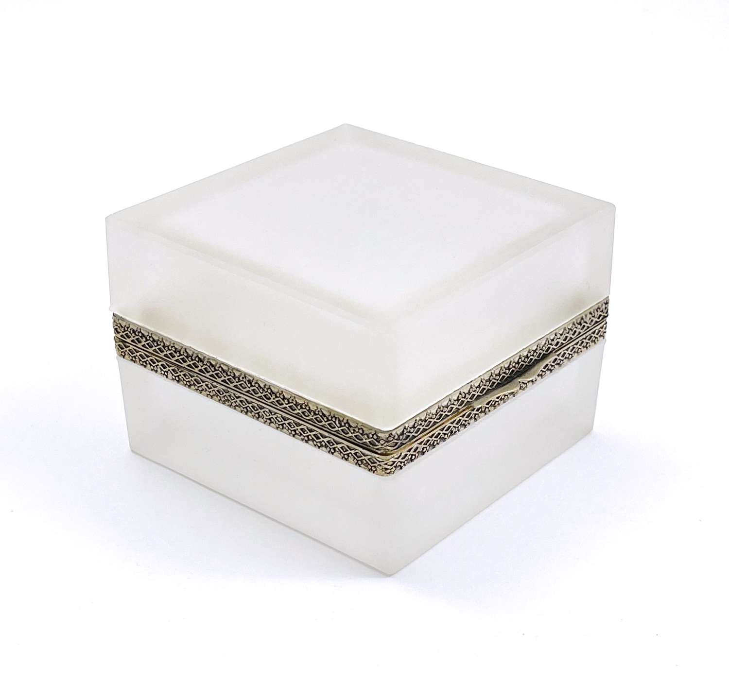 Antique Frosted Crystal Glass Square Box with Fancy 'Silver'  Mounts.