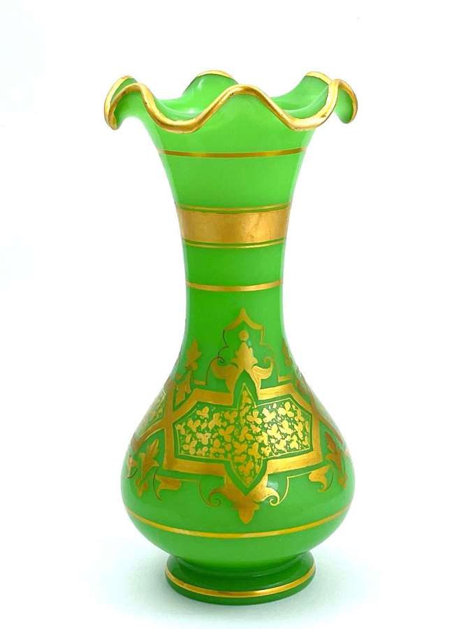 Antique Baccarat Green Opaline Glass Baluster-Shaped Vase 