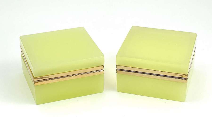 Pair of Elegant Antique Murano Lemon Yellow Opaline Glass Square Boxes