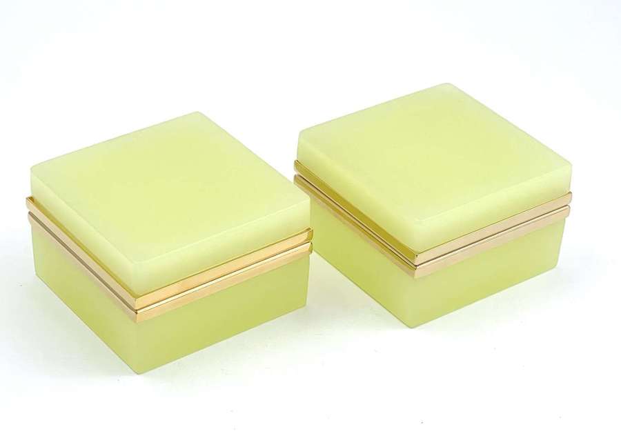 Pair of Antique Murano Yellow Opaline Glass Square Boxes