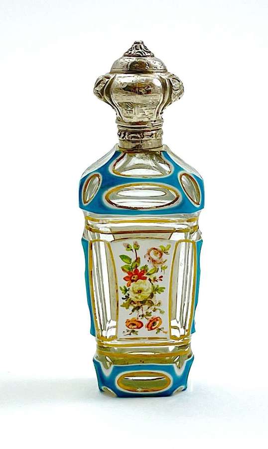 Antique Bohemian Double Overlay Perfume Bottle & Hand Painted Flowers.