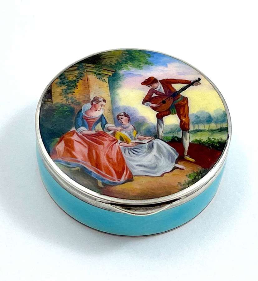 High Quality Antique Silver and Guilloche Enamel Pill Box.