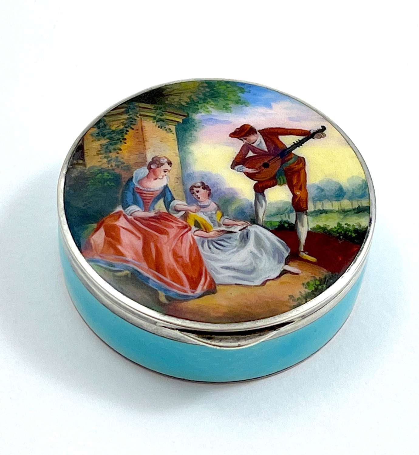 High Quality Antique Silver and Guilloche Enamel Pill Box.