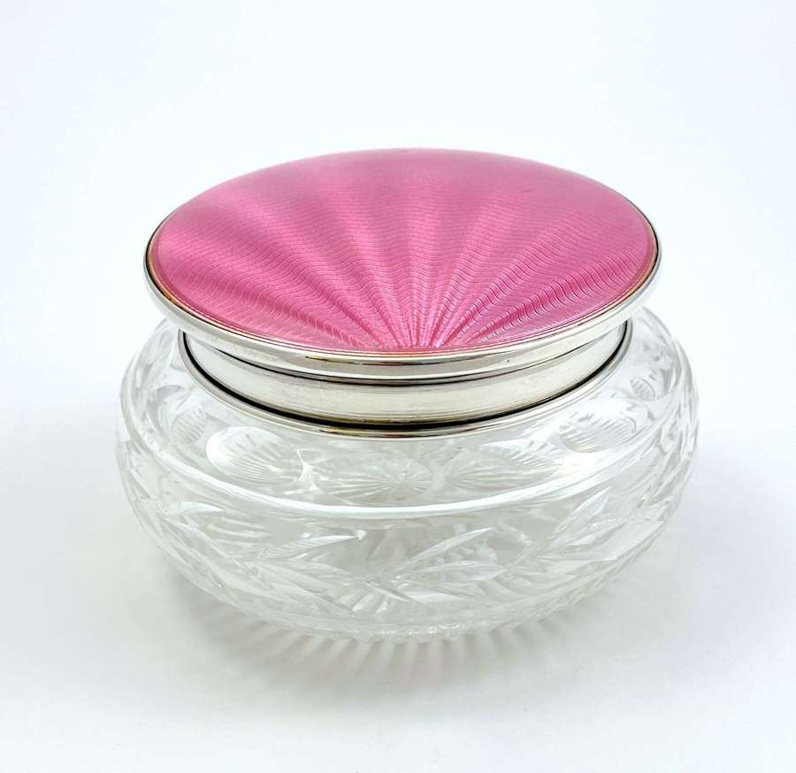 A Large Art Deco Silver, Pink Enamel & Cut Crystal Dressing Table Box
