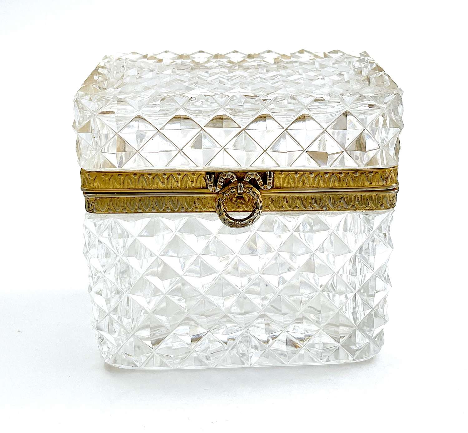 Antique Baccarat Cut Crystal Glass Casket Box with Bow Clasp.