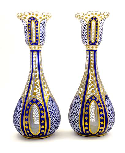 A Pair of Elegant Antique Bohemian Blue Overlay Glass Vases