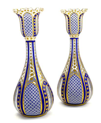 A Pair of Elegant Antique Bohemian Blue Overlay Glass Vases