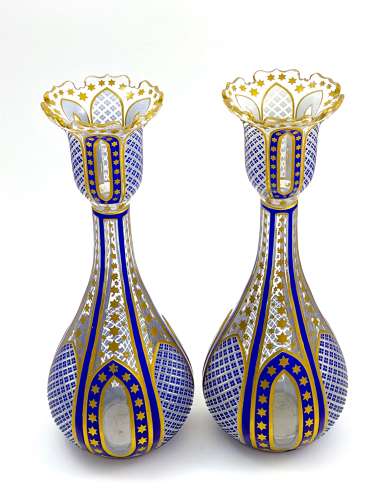 A Pair of Elegant Antique Bohemian Blue Overlay Glass Vases