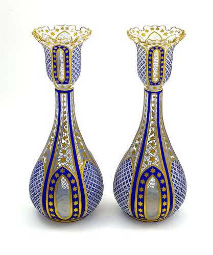 A Pair of Elegant Antique Bohemian Blue Overlay Glass Vases