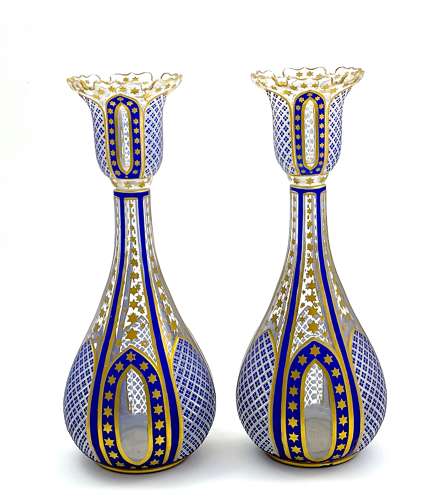 A Pair of Elegant Antique Bohemian Blue Overlay Glass Vases