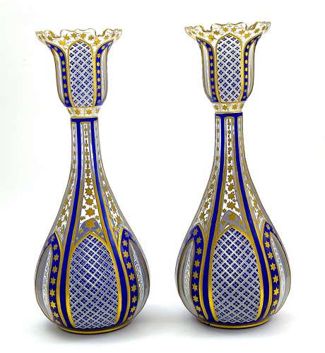 A Pair of Elegant Antique Bohemian Blue Overlay Glass Vases