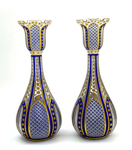 A Pair of Elegant Antique Bohemian Blue Overlay Glass Vases
