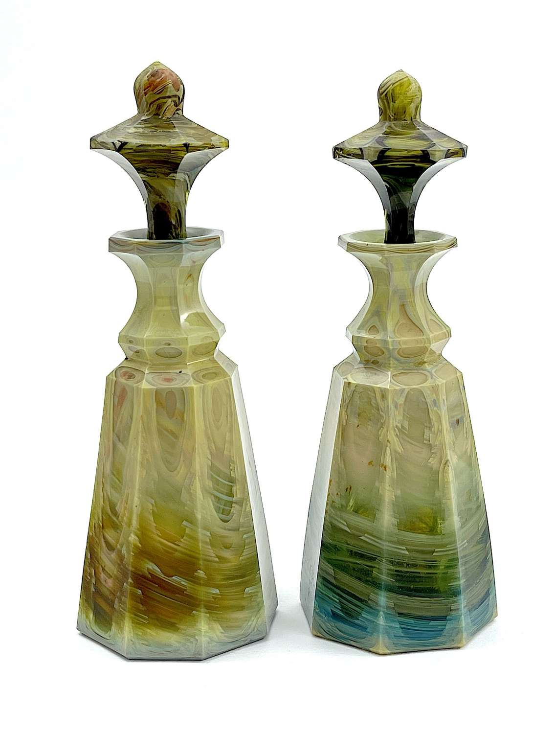 A Rare Pair of Antique Bohemian Green Lithyalin Glass Perfume Bottles