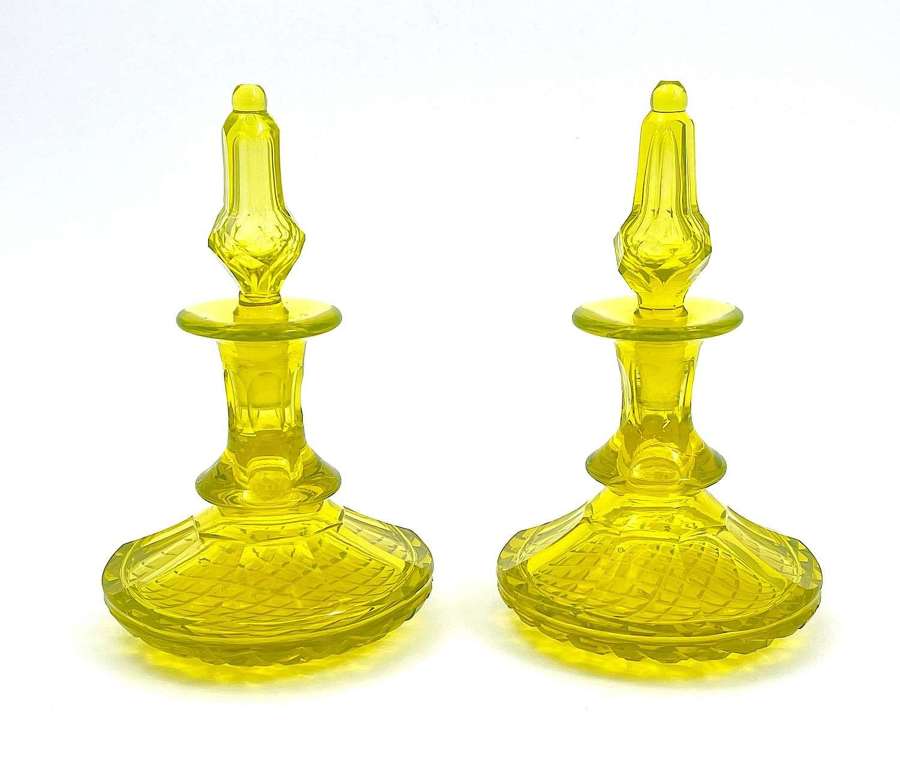 Pair of Antique French Uranium Cut Glass Perfume Bottles and Stoppers.