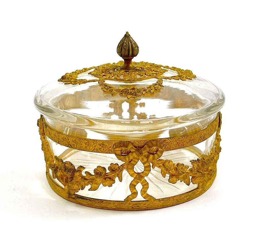 Antique Napoleon III Oval Dore Bronze and Crystal Casket Box