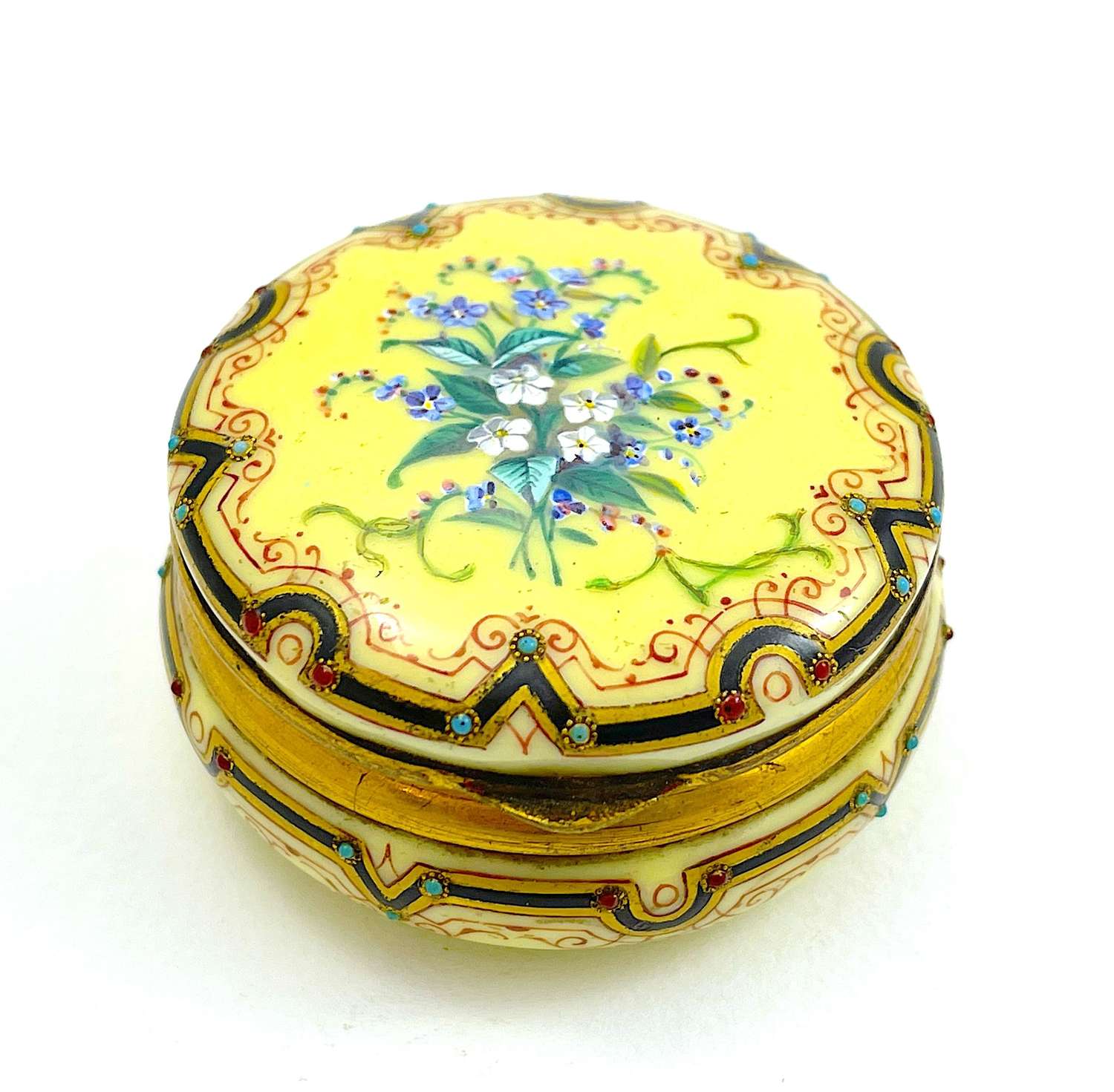 Antique French, Tahan, Yellow Enamelled Pill Box