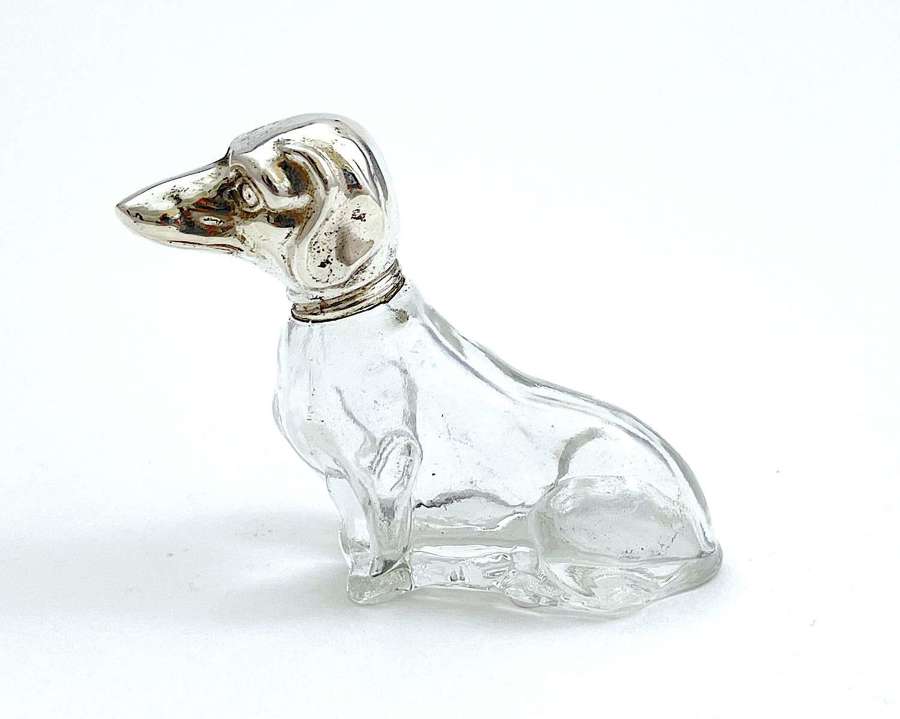 Antique Alpaca Silver & Glass Dachshund Dog Perfume Bottle