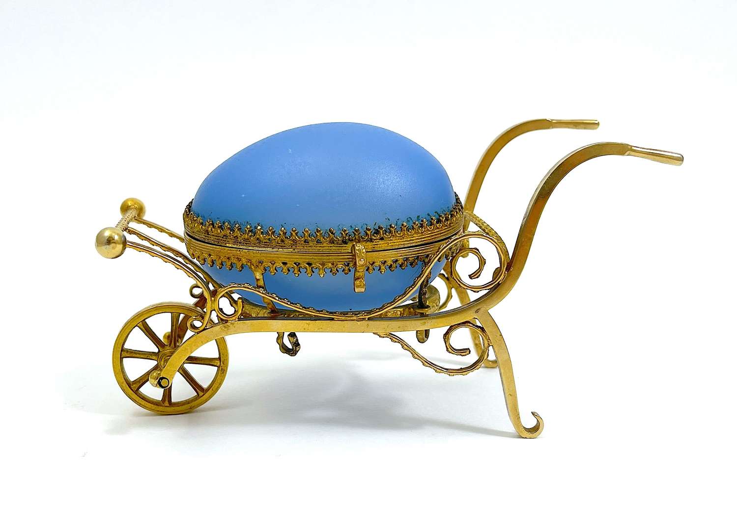 Antique Palais Royal Lilac Blue Opaline Glass Egg Box Wheel Barrel