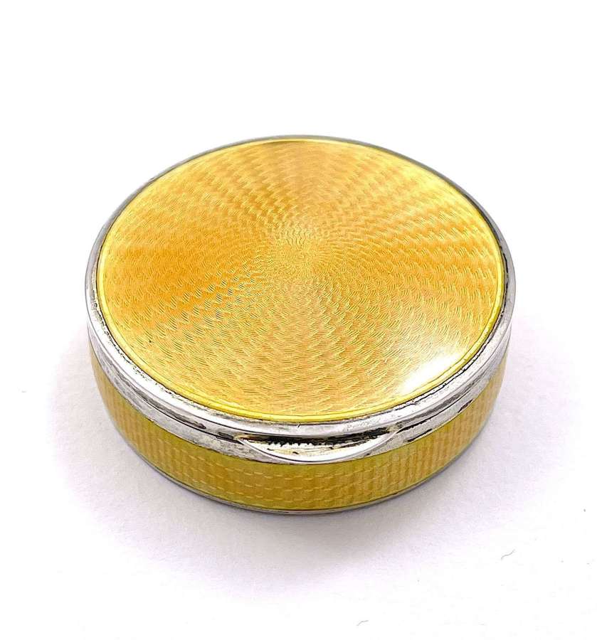 Antique Enamel and Silver Pill Box in Yellow Guilloche Enamel.