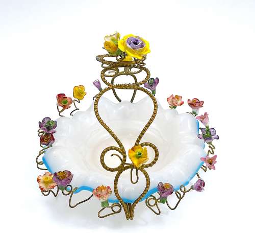 Large Rare Antique Opaline Basket with Exquisite Hand Painted Flowers