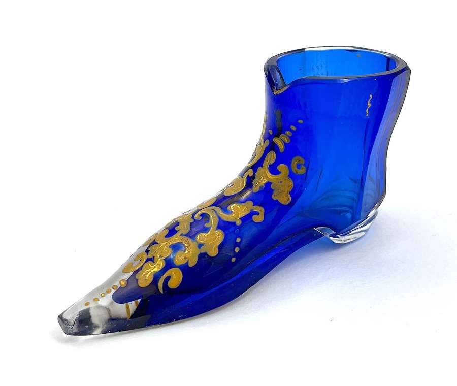 RARE Antique Bohemian Blue Glass Match Striker in the Shape of a Boot.