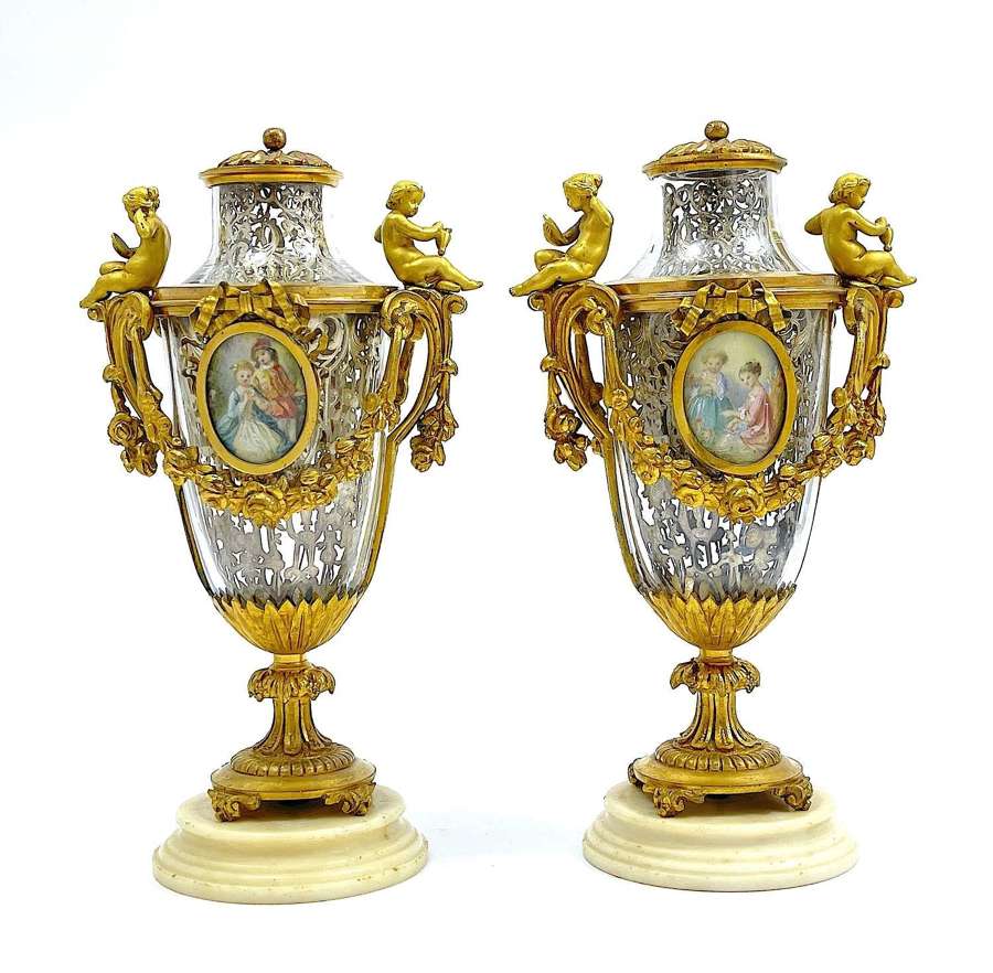 An Exquisite Pair of Antique French Crystal and Dore Bronze Vases