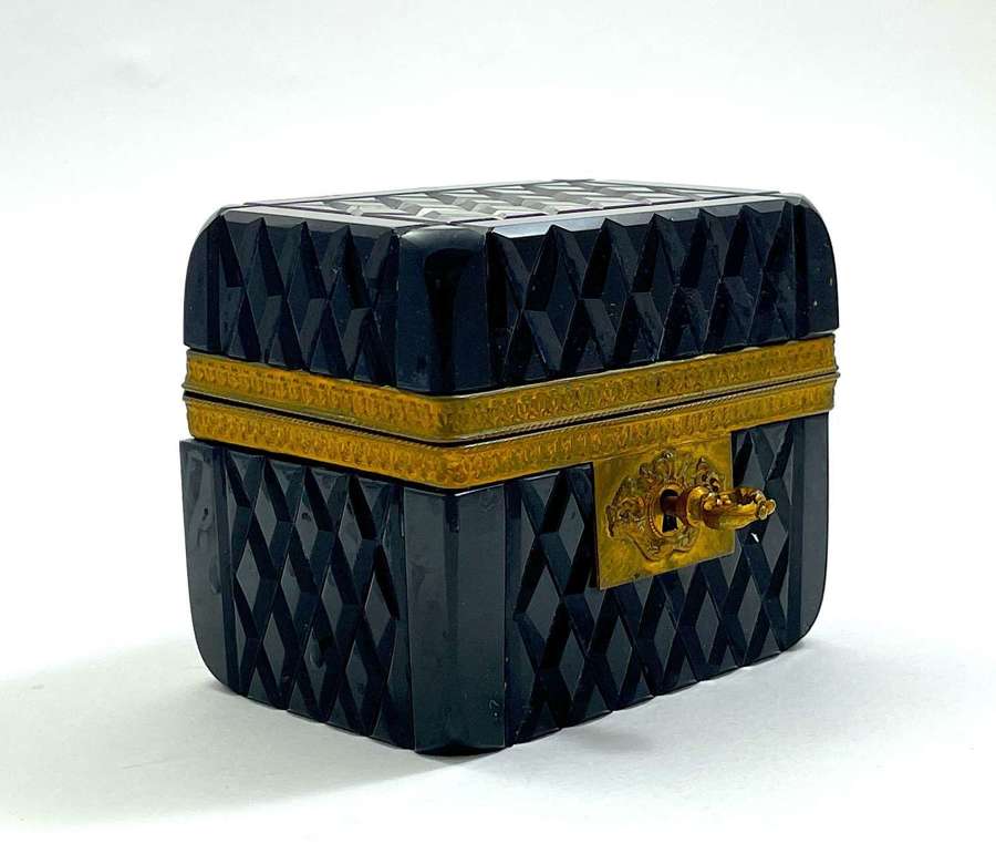Antique French Diamond Cut Black Opaline Glass Box and Key