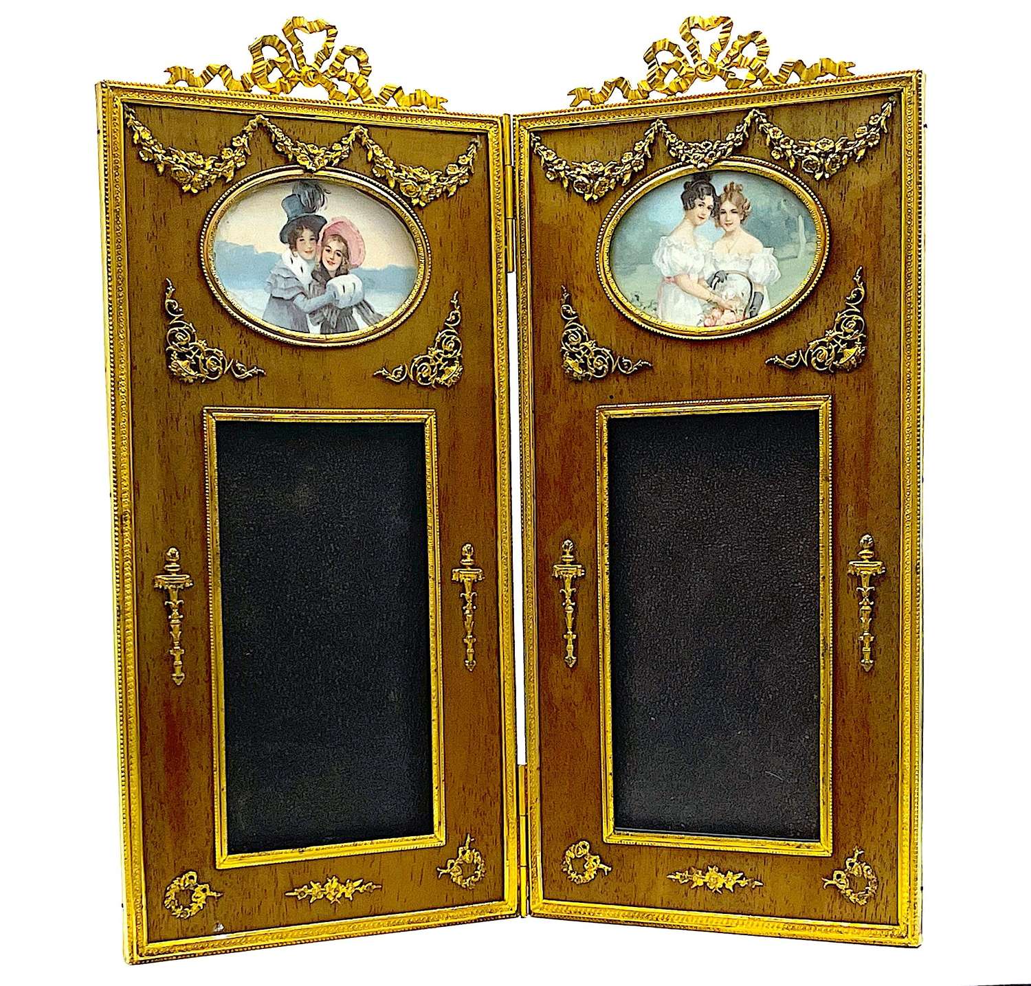 Large Antique Empire Dore Bronze and Wooden Double Photo Frame